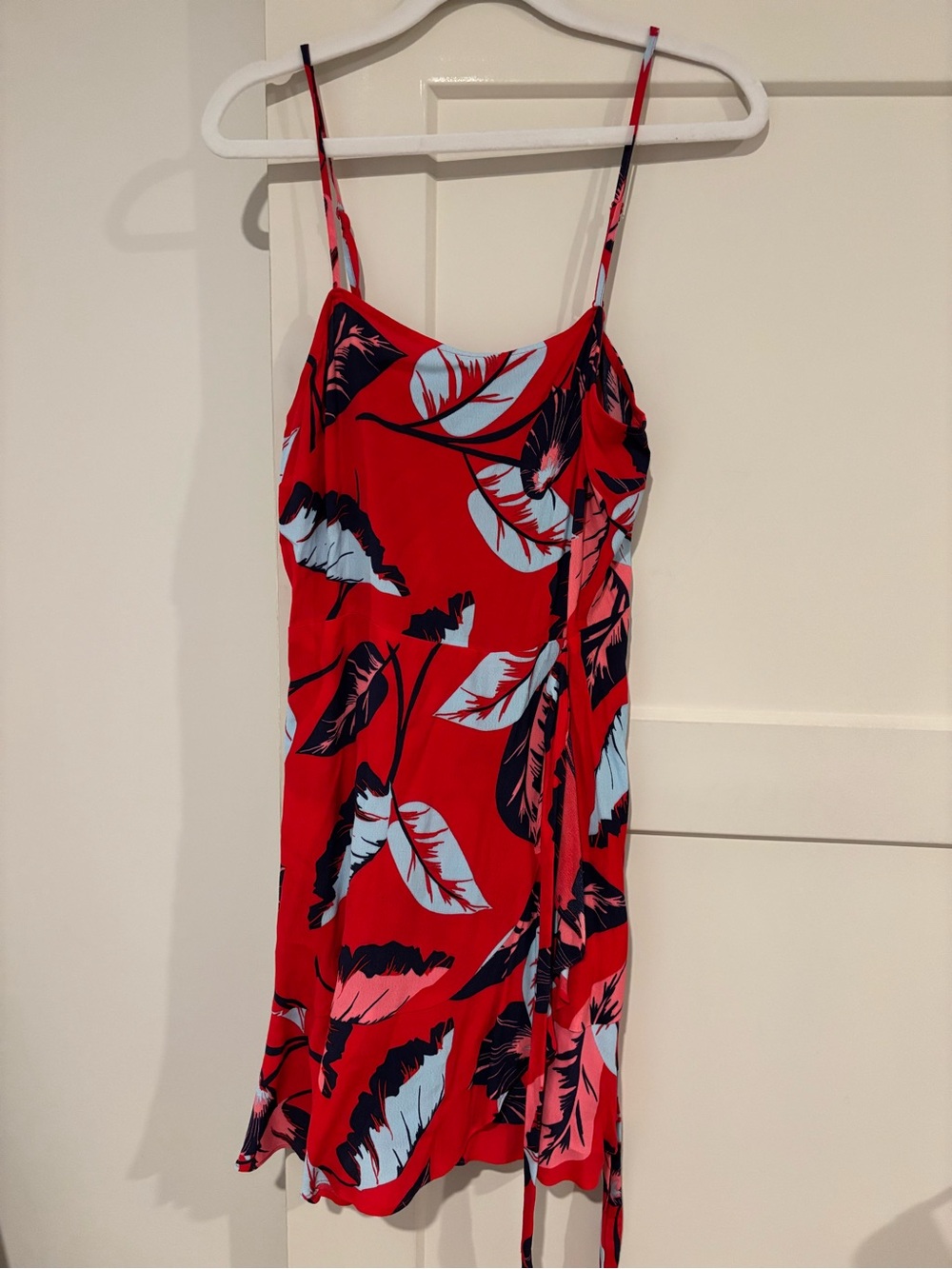 Express Red Tropical Leaf Slip Dress with Navy & Light Blue Accents